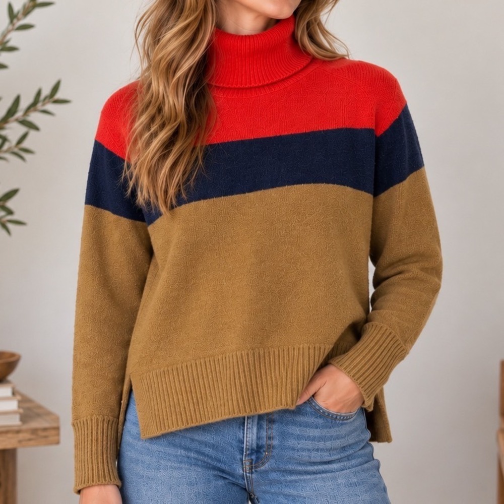 J.Crew XS Colorblock Turtleneck Sweater Merino Wool Alpaca Old Money Luxury